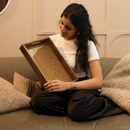 Premium Wood MDF Patra Work Decorative Tray Set with Golden Finish