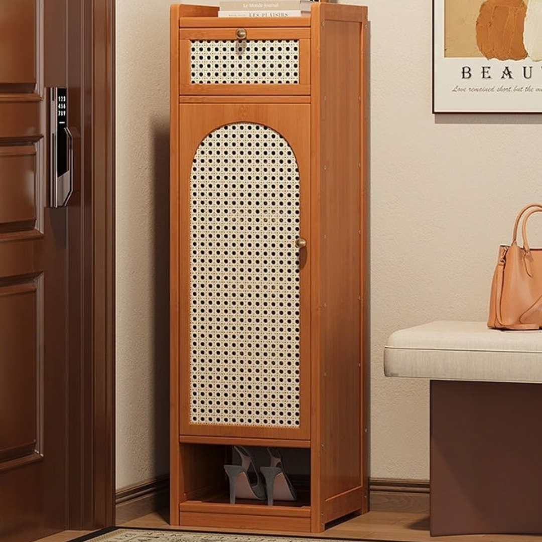 Slim Bamboo Shoe Cabinet With Magnetic Rattan Door