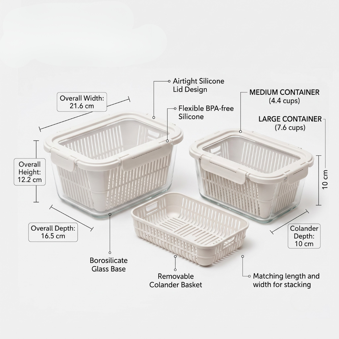 Airtight Glass Fruit Vegetable Storage Containers with Colander