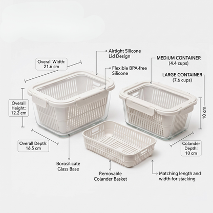 Airtight Glass Fruit Vegetable Storage Containers with Colander