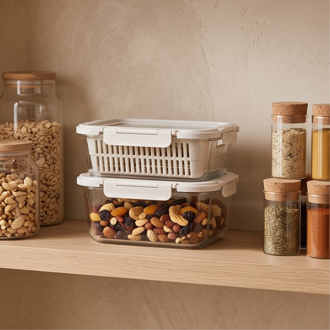 Airtight Glass Fruit Vegetable Storage Containers with Colander