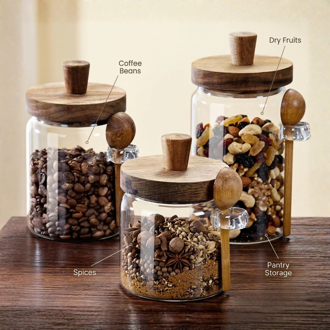 Airtight Glass Storage Jars with Wooden Lid & Spoon