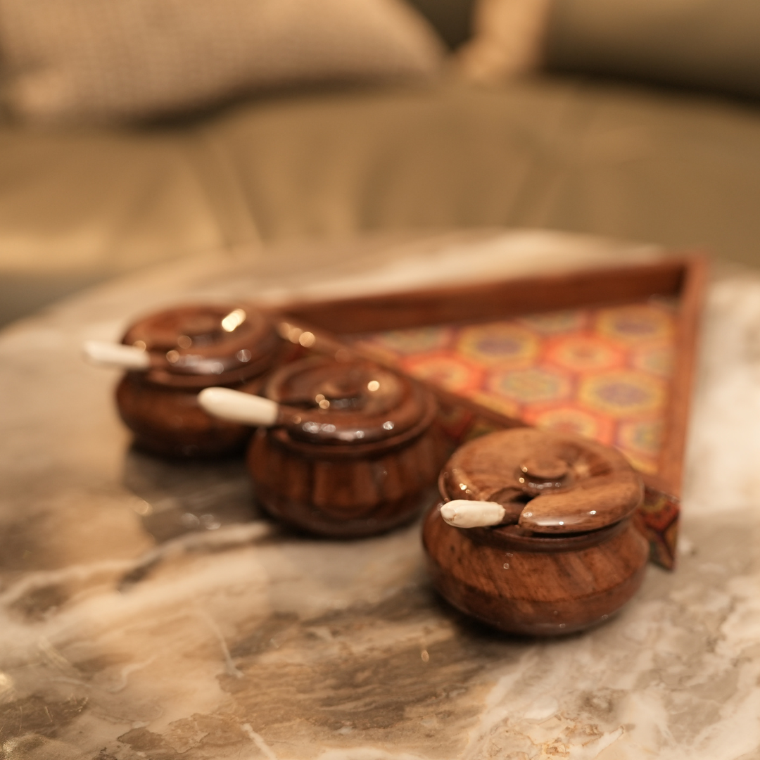Sheesham Wood Triangular Condiment Tray with Jars and Spoons Set