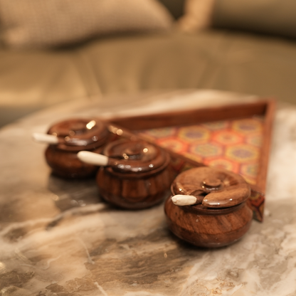 Sheesham Wood Triangular Condiment Tray with Jars and Spoons Set