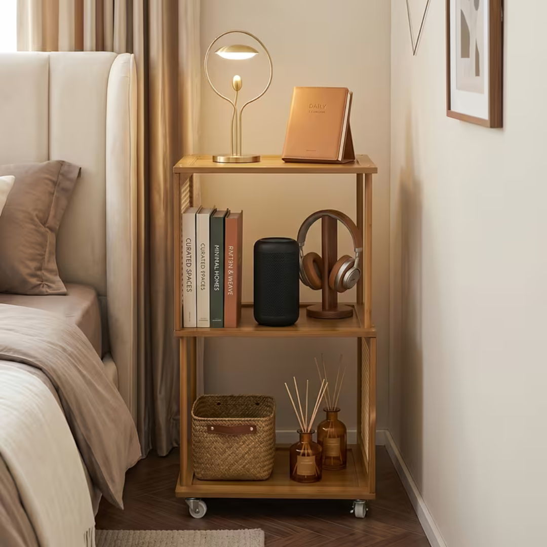 Bamboo Rattan Rotating Corner Storage Shelf With Wheels