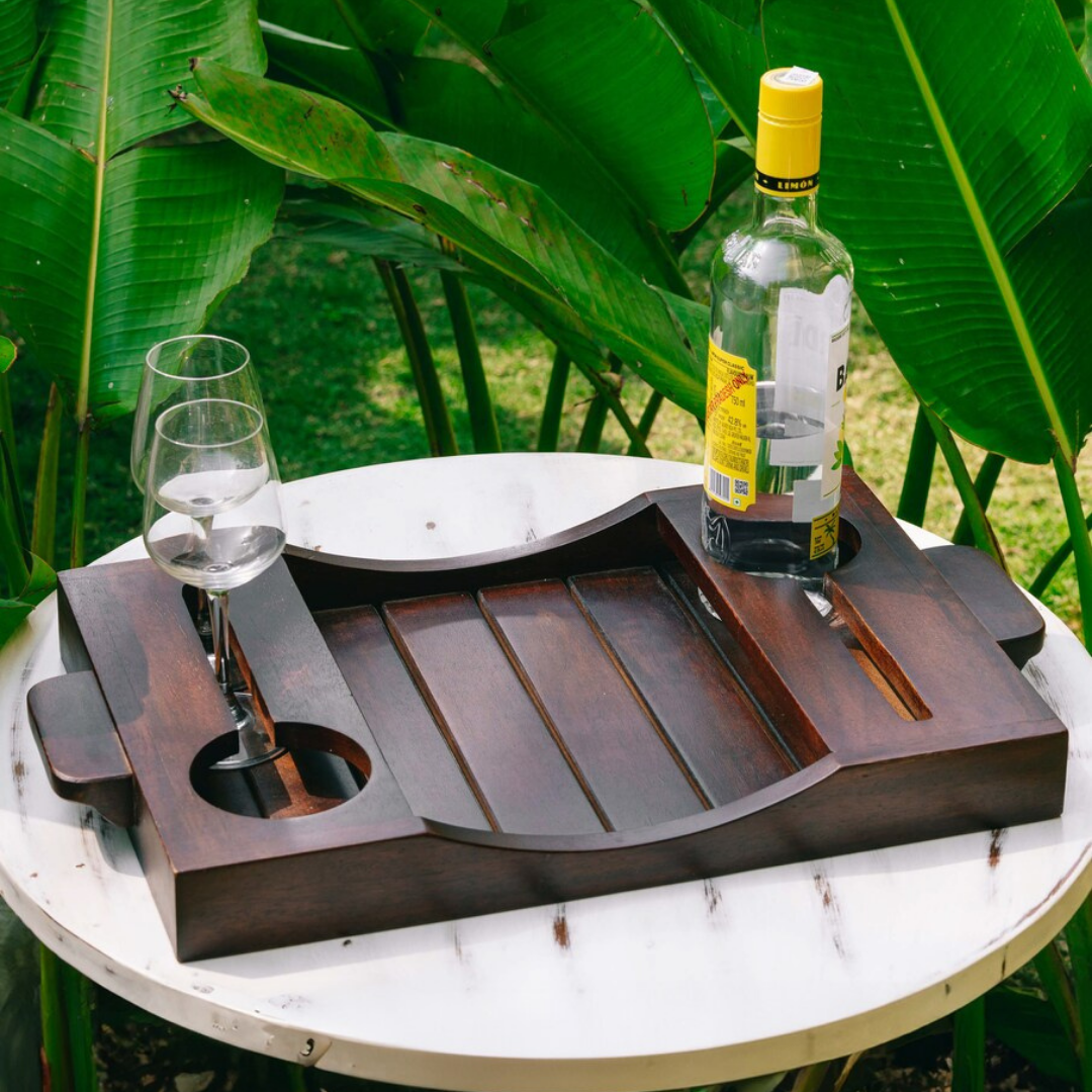 Elegant Wooden Wine Tray with Glass and Bottle Holders
