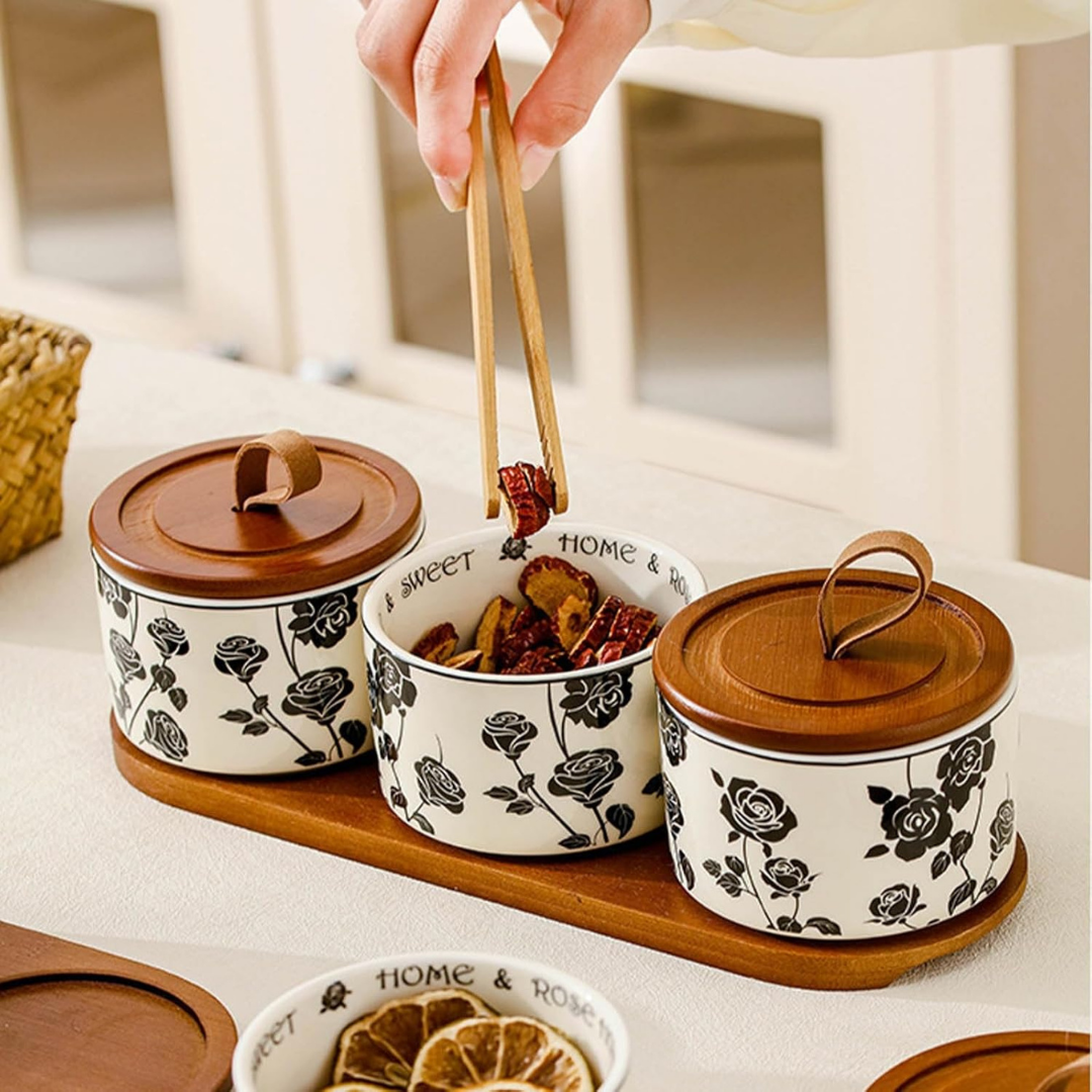 Airtight Ceramic Spice Jar Set with Wooden Tray and Spoons