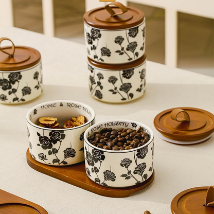 Airtight Ceramic Spice Jar Set with Wooden Tray and Spoons