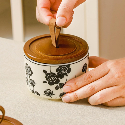 Airtight Ceramic Spice Jar Set with Wooden Tray and Spoons
