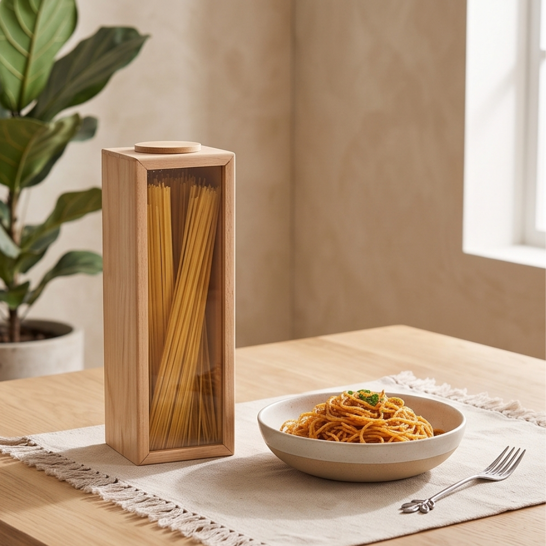 Transparent Glass Wooden Spaghetti Storage Container