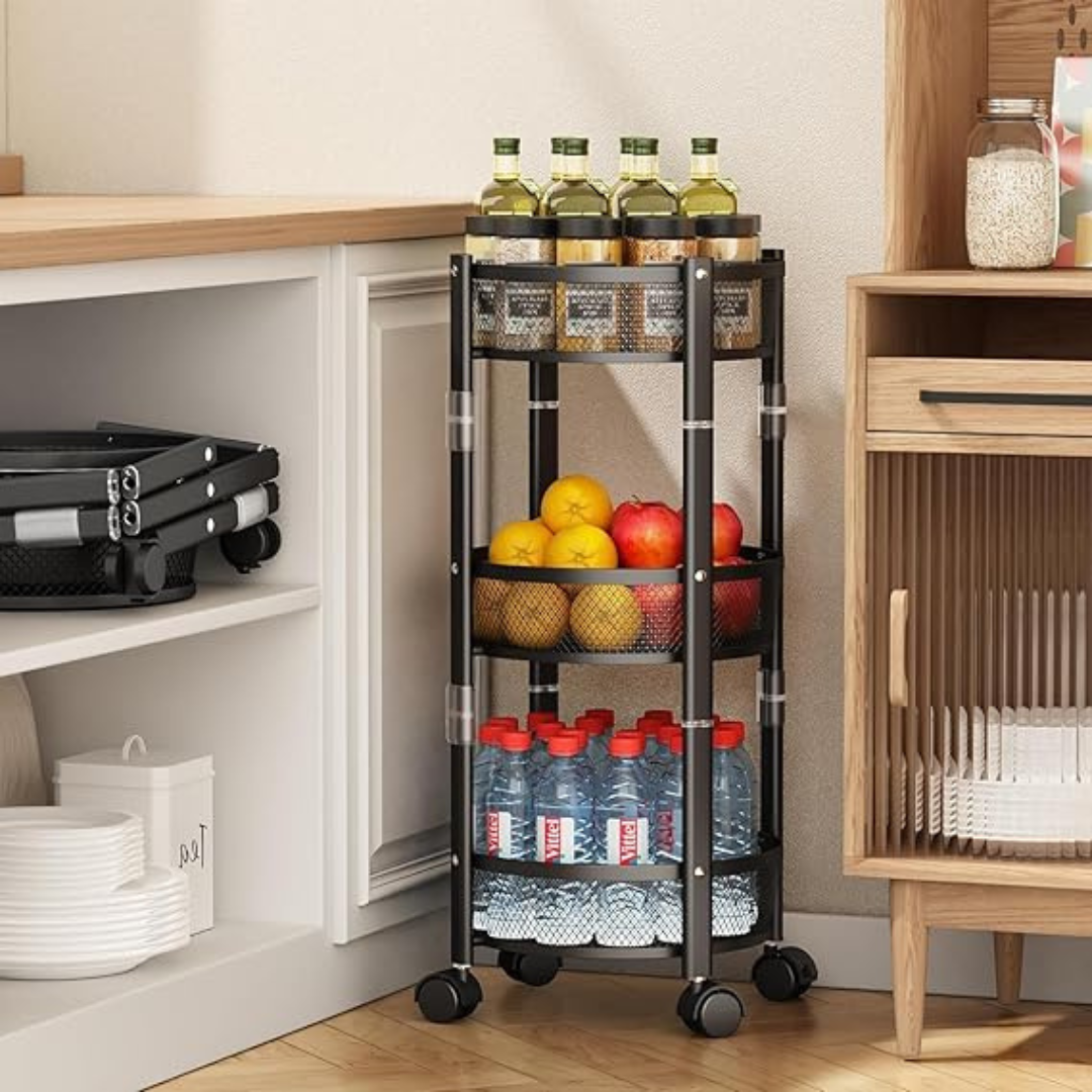 3 Tier Foldable Rolling Storage Trolley with Lockable Wheels