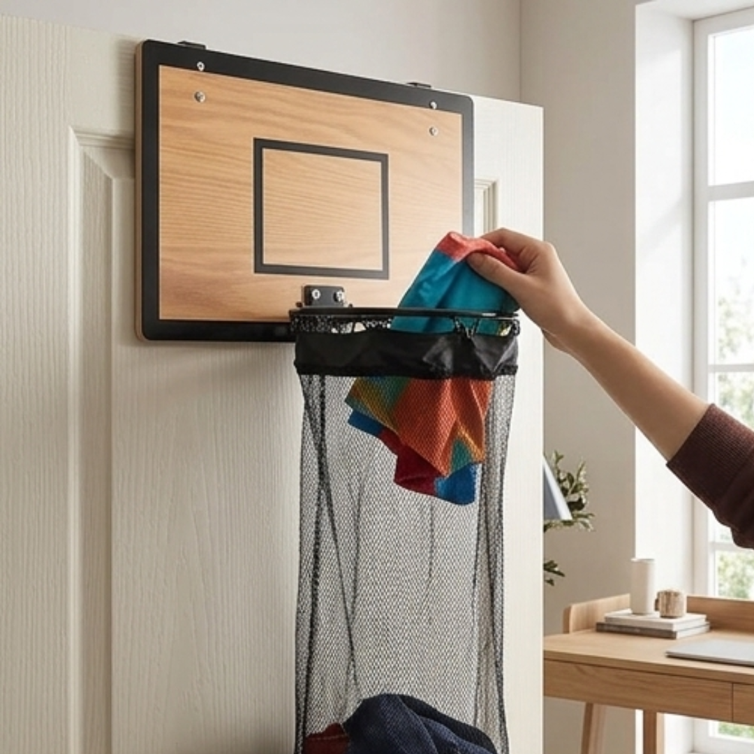 Wooden Basketball Hoop Hanging Laundry Bag