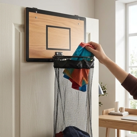 Wooden Basketball Hoop Hanging Laundry Bag