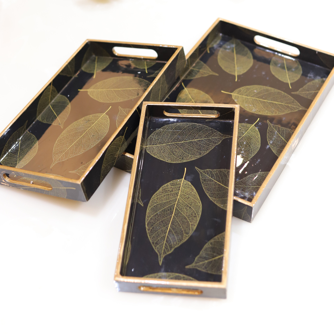 Elegant Leaf Pattern Resin MDF Tray for Modern Homes (Set of 3)