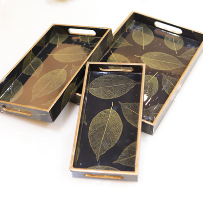 Elegant Leaf Pattern Resin MDF Tray for Modern Homes (Set of 3)