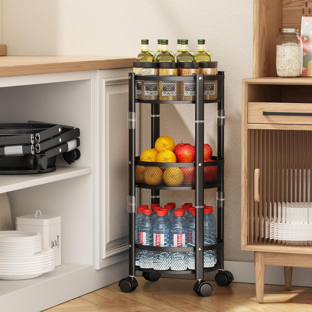 3 Tier Foldable Rolling Storage Trolley with Lockable Wheels