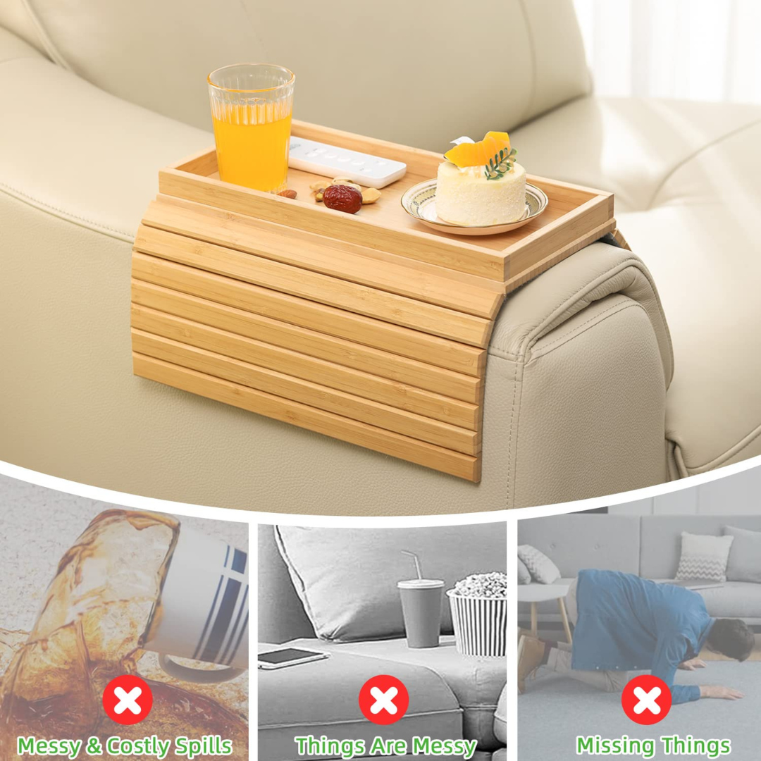 Foldable Bamboo Sofa Arm Tray Table with Anti-Slip Grip - 33.5 x 45.7CM