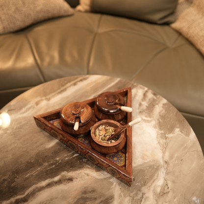 Sheesham Wood Triangular Condiment Tray with Jars and Spoons Set