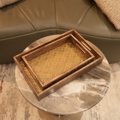 Premium Wood MDF Patra Work Decorative Tray Set with Golden Finish