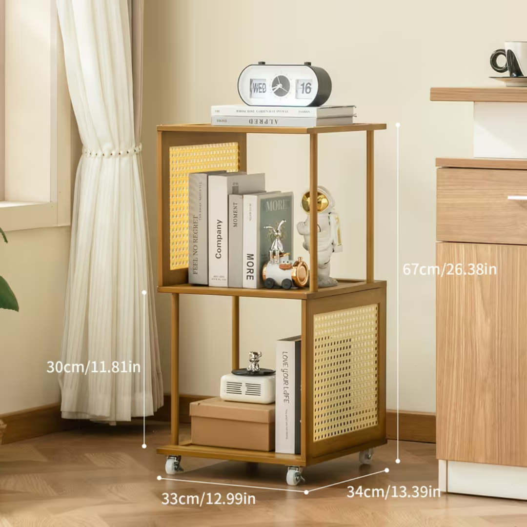 Bamboo Rattan Rotating Corner Storage Shelf With Wheels
