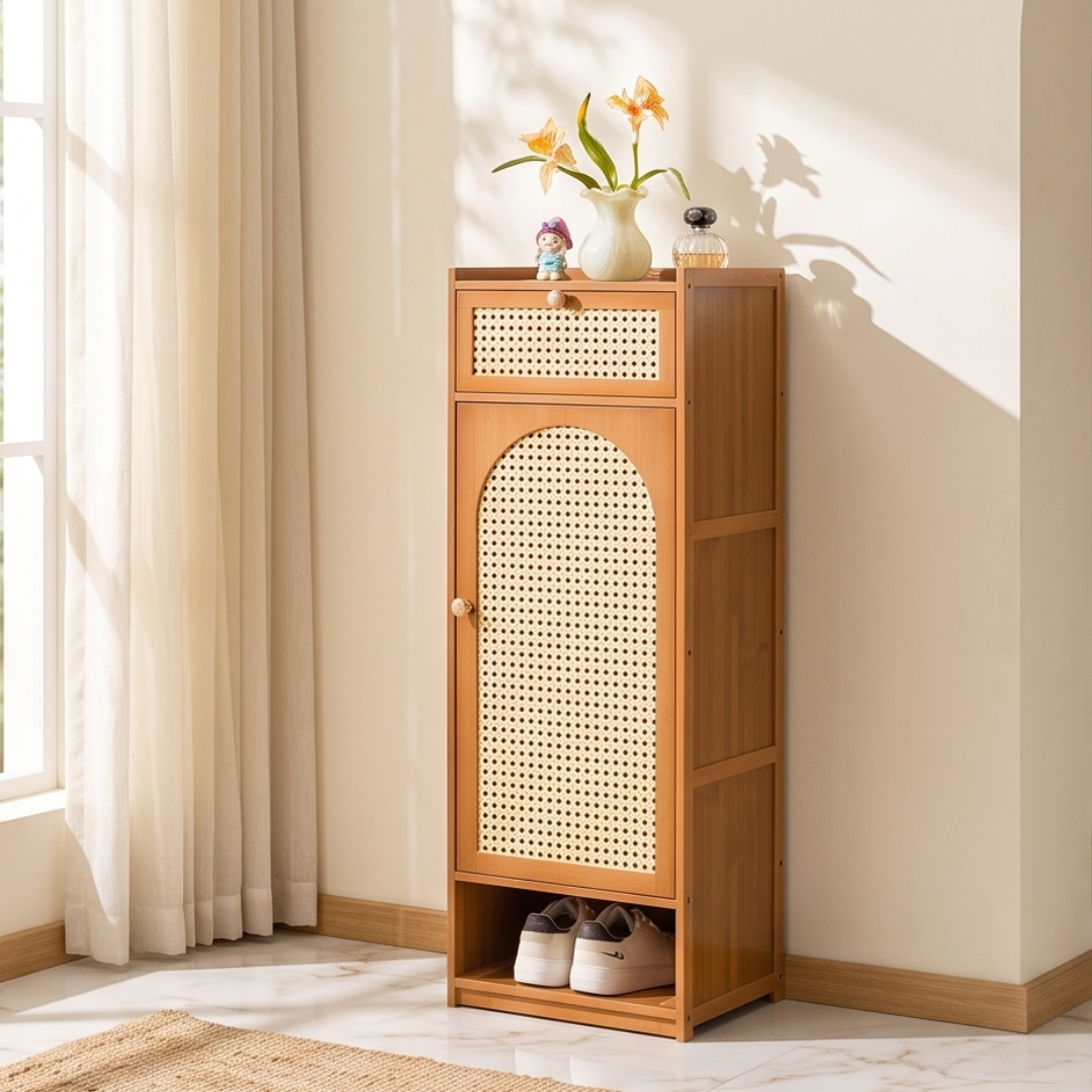 Slim Bamboo Shoe Cabinet With Magnetic Rattan Door