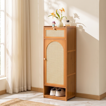 Slim Bamboo Shoe Cabinet With Magnetic Rattan Door