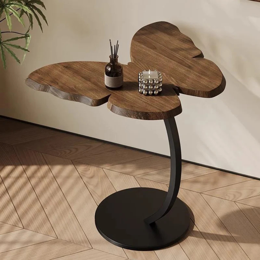 Butterfly Shaped Wooden Side Table With Iron Base