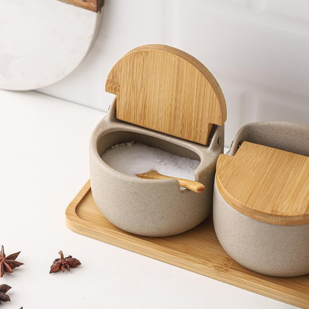 Elegant Japanese Ceramic Spice Jar Set with Bamboo Tray