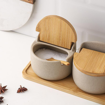 Elegant Japanese Ceramic Spice Jar Set with Bamboo Tray