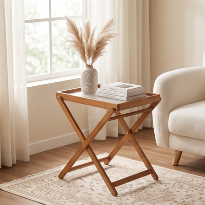 Foldable Bamboo Side Table With Detachable Acrylic Tray