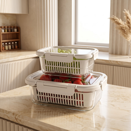 Airtight Glass Fruit Vegetable Storage Containers with Colander