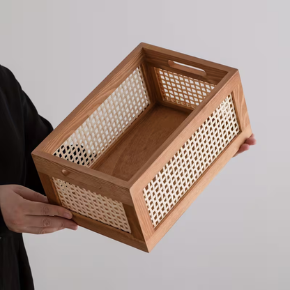 Wooden Rattan Desktop Organizer with Handles