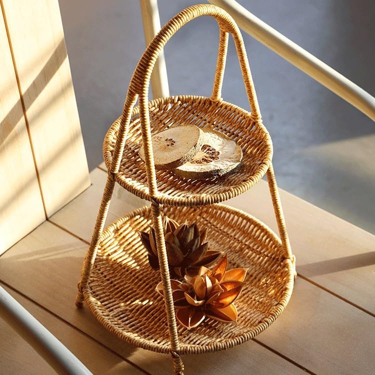 Elegant Multi Tier Handwoven Rattan Fruit Basket with Strong Metal Frame