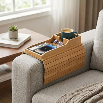 Bamboo Wood Sofa Armrest Tray with Cup Holder