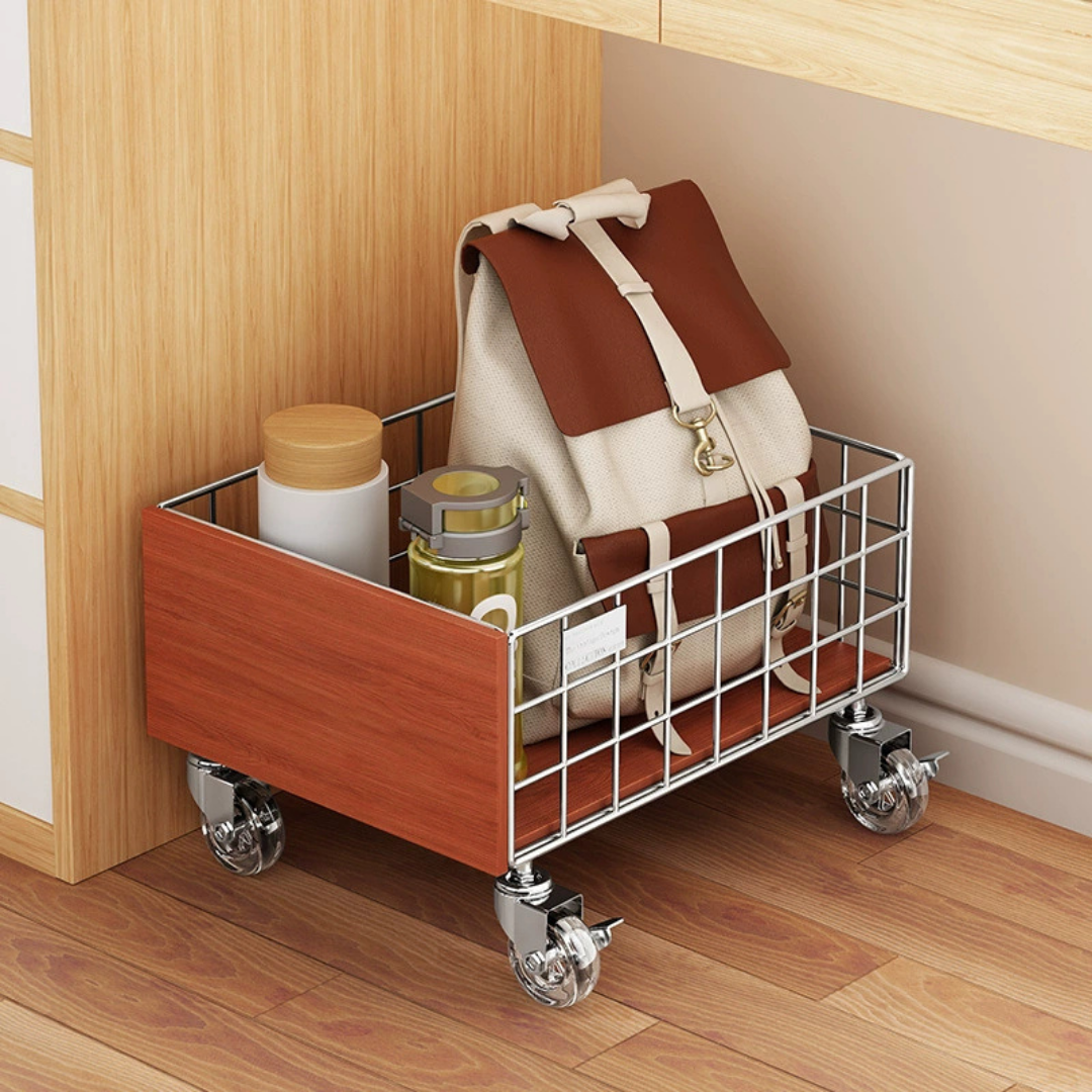 Vintage Solid Wood Rolling Metal Storage Cart with Lockable Wheels