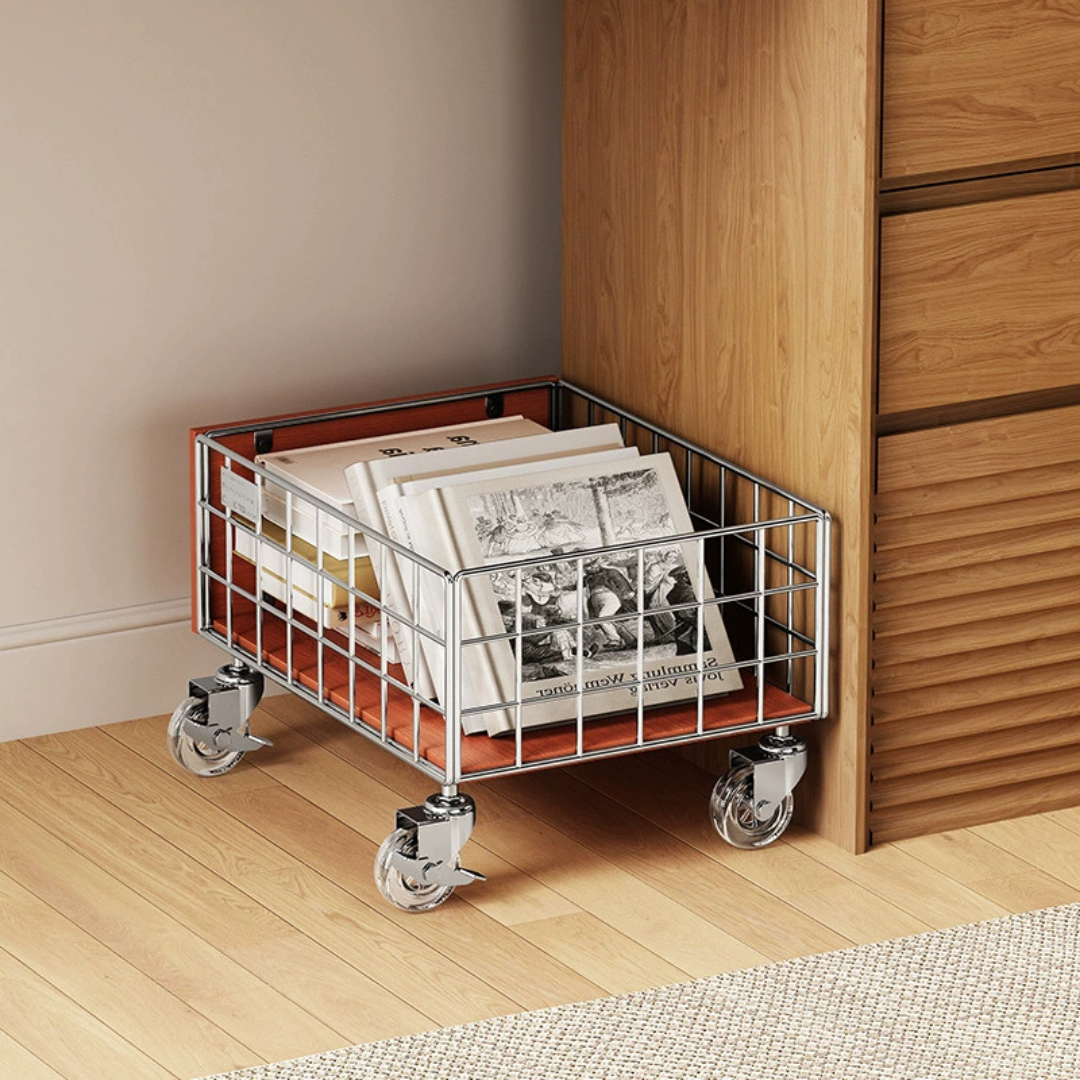 Vintage Solid Wood Rolling Metal Storage Cart with Lockable Wheels