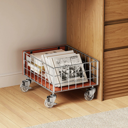 Vintage Solid Wood Rolling Metal Storage Cart with Lockable Wheels