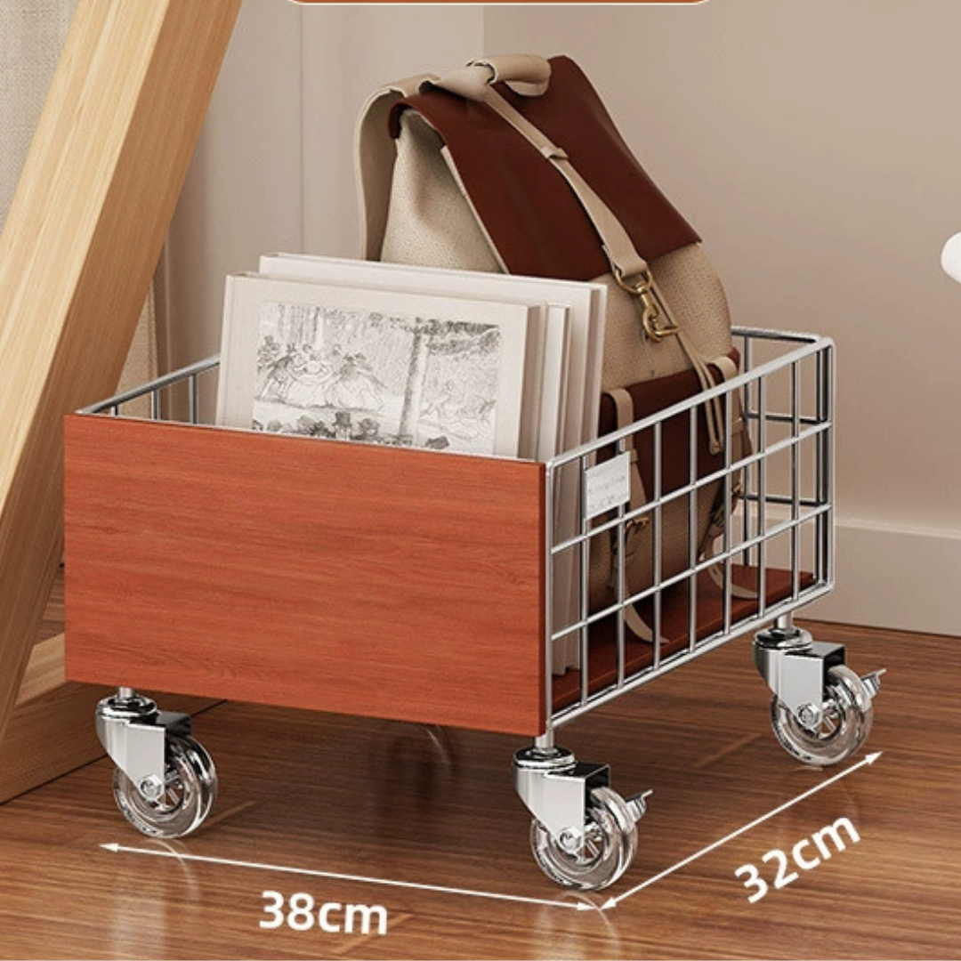 Vintage Solid Wood Rolling Metal Storage Cart with Lockable Wheels