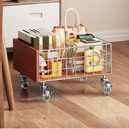 Vintage Solid Wood Rolling Metal Storage Cart with Lockable Wheels