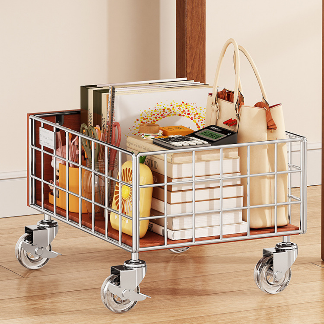 Vintage Solid Wood Rolling Metal Storage Cart with Lockable Wheels
