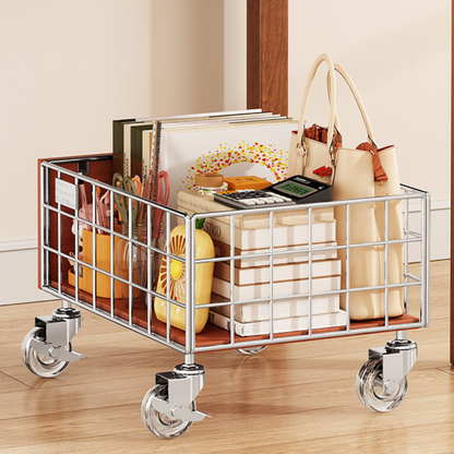 Vintage Solid Wood Rolling Metal Storage Cart with Lockable Wheels