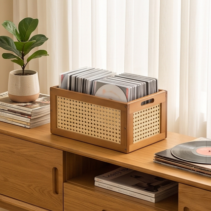 Wooden Rattan Desktop Organizer with Handles