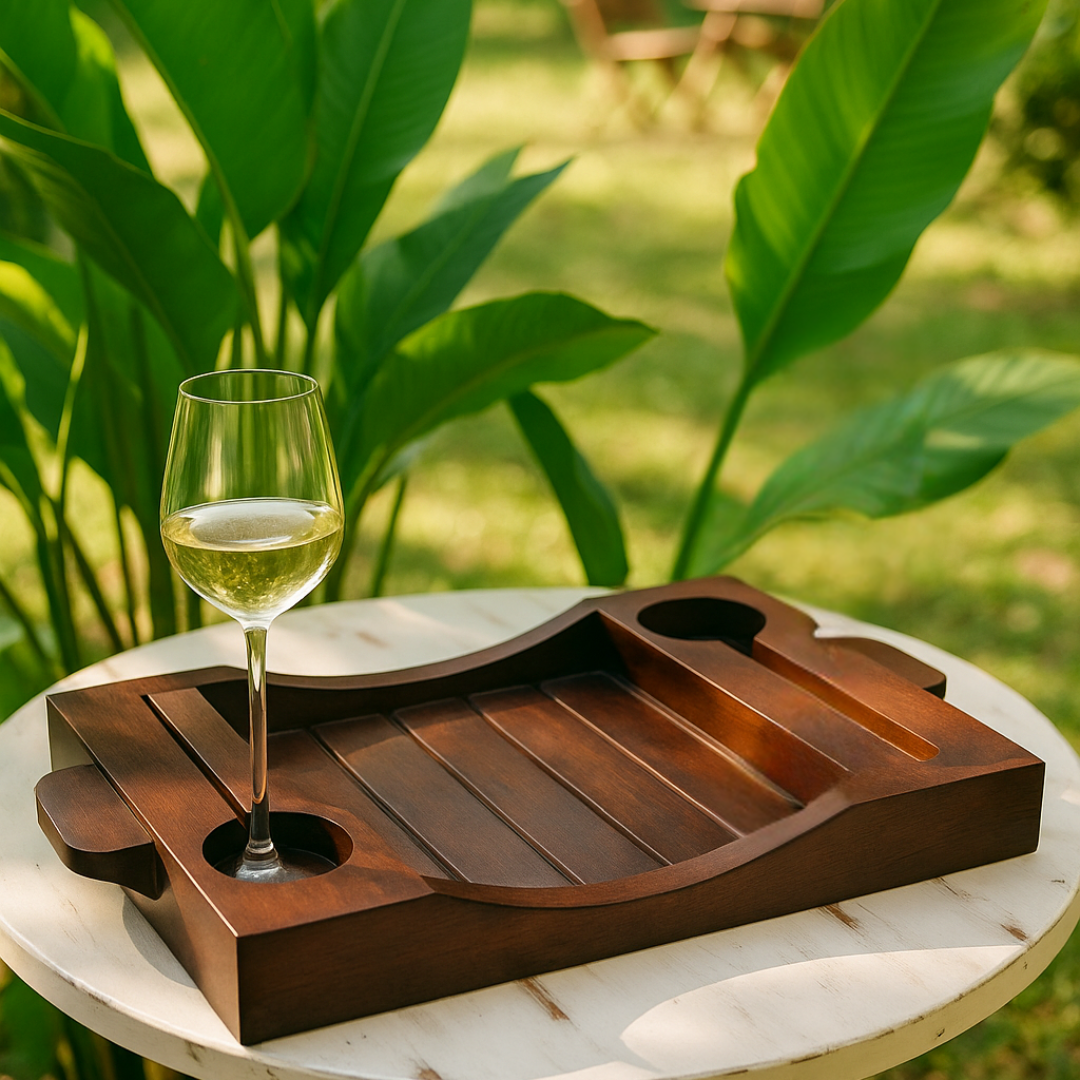 Elegant Wooden Wine Tray with Glass and Bottle Holders