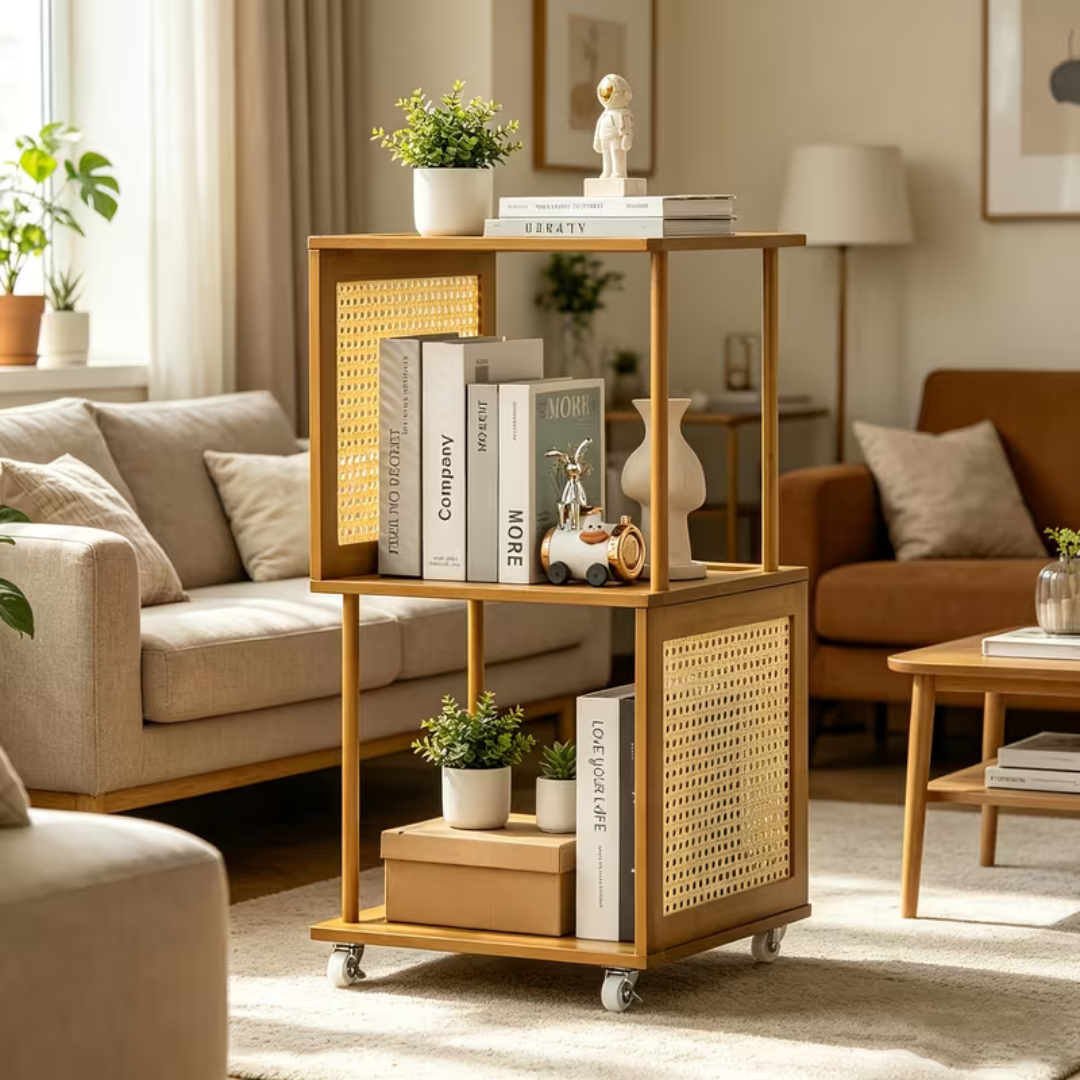 Bamboo Rattan Rotating Corner Storage Shelf With Wheels