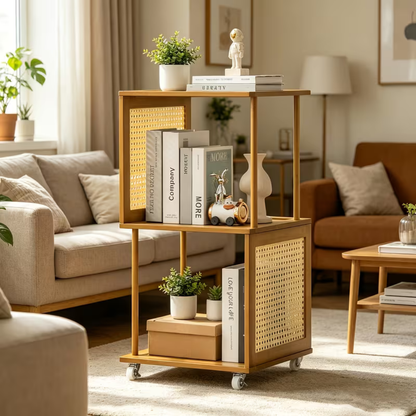 Bamboo Rattan Rotating Corner Storage Shelf With Wheels