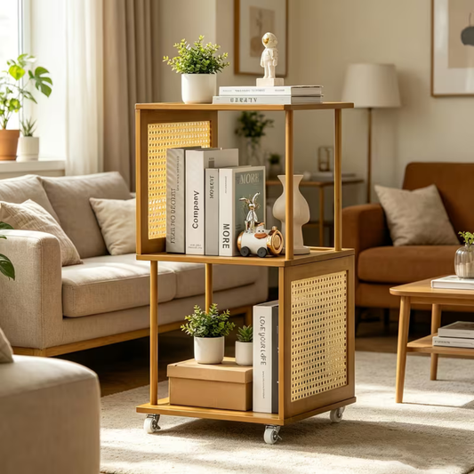 Bamboo Rattan Rotating Corner Storage Shelf With Wheels