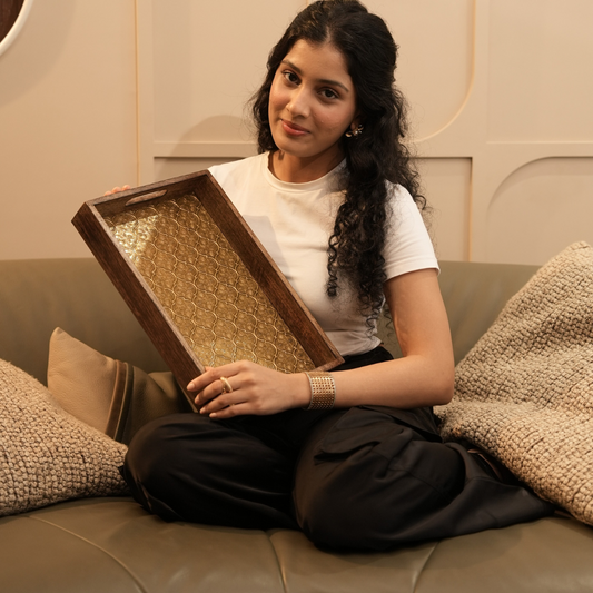 Premium Wood MDF Patra Work Decorative Tray Set with Golden Finish