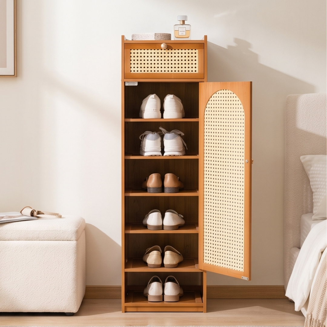 Slim Bamboo Shoe Cabinet With Magnetic Rattan Door