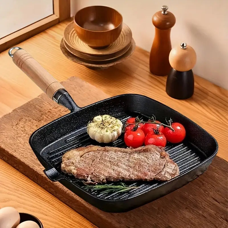Premium Cast Iron Steak Pan with Wooden Handle