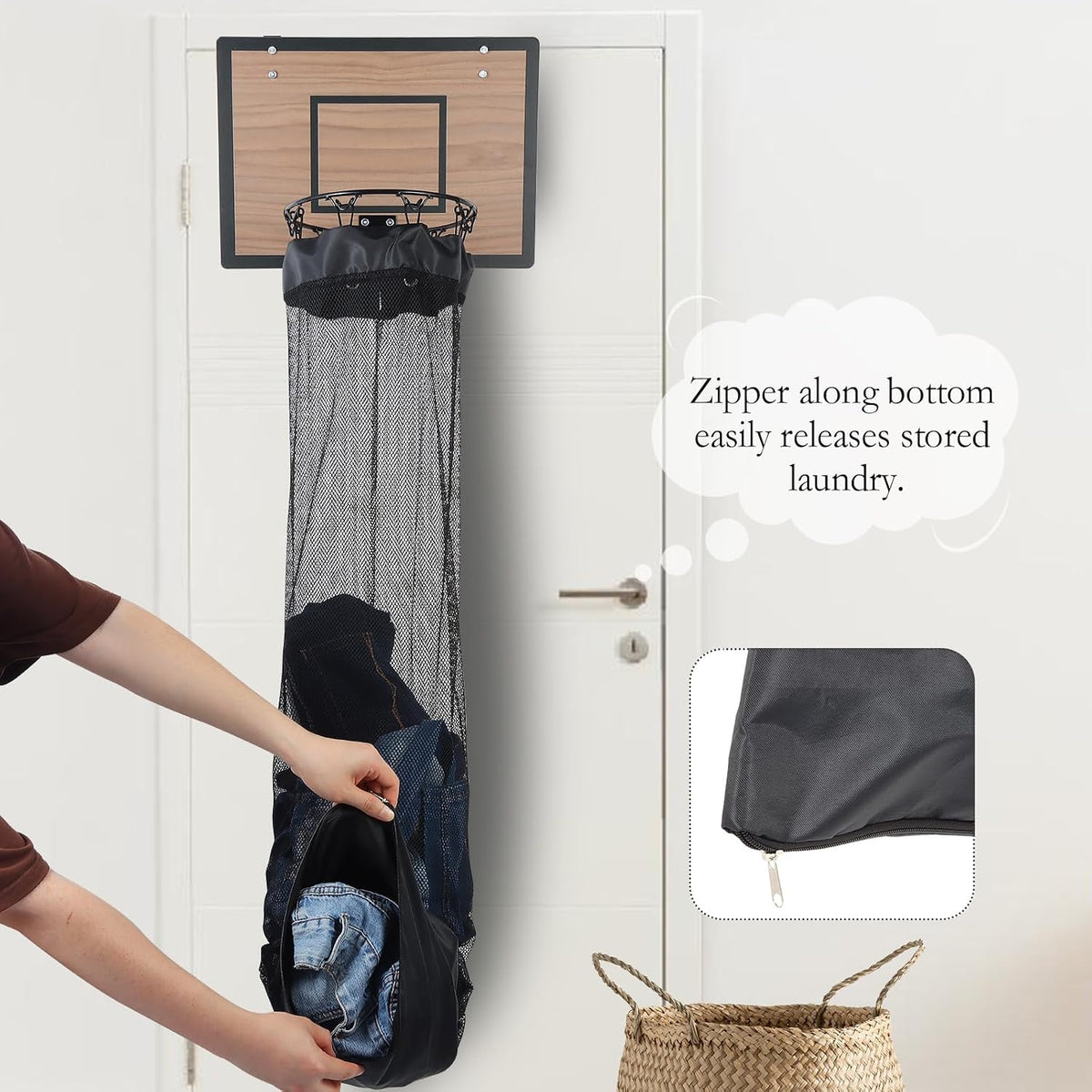 Wooden Basketball Hoop Hanging Laundry Bag